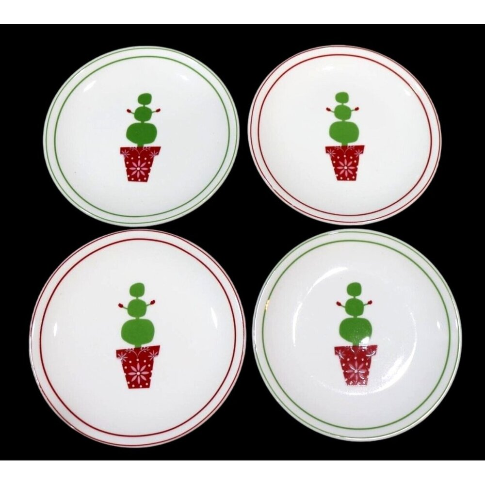 Starbucks Vintage HOLIDAY 6" Dessert App Plate Set 4Pc Snowman Topiary.  NWT in